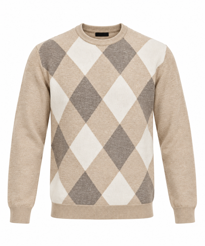 Maglione uomo Moro beige, vista frontale su fondo bianco, con rombi panna e tortora e bordi a costine.
