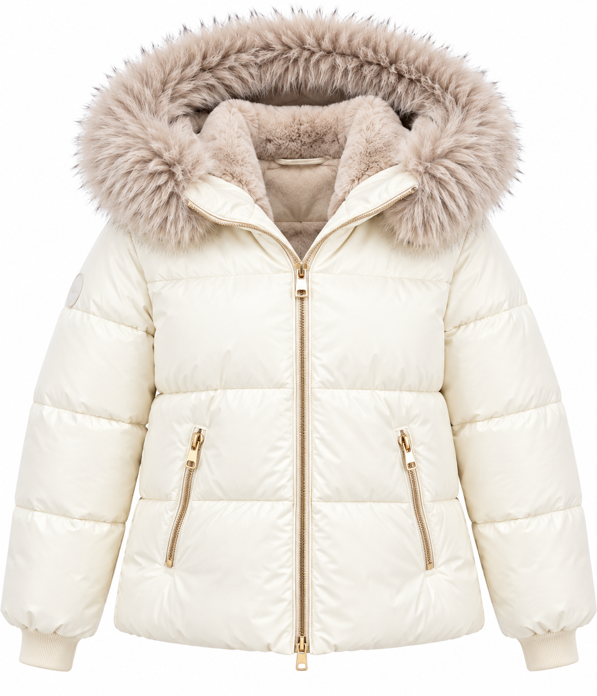Giubbotto donna Cora panna non indossato, vista frontale con zip chiusa e cappuccio.