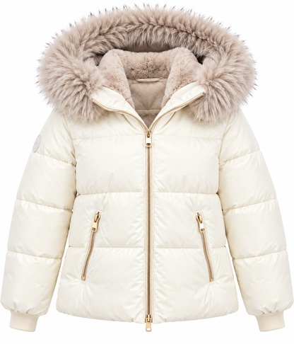 Giubbotto donna Cora panna non indossato, vista frontale con zip chiusa e cappuccio.