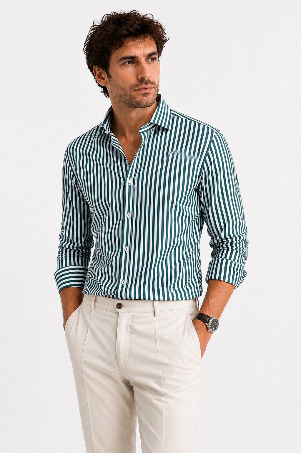 Camicia uomo fast rigo verde vista frontale indossata da modello, look casual