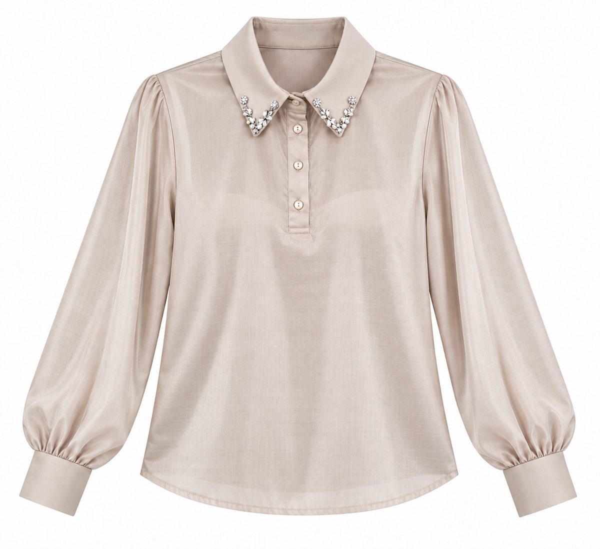 Camicia donna a polo 152 color burro non indossata, vista frontale con colletto gioiello, bottoni e maniche lunghe.