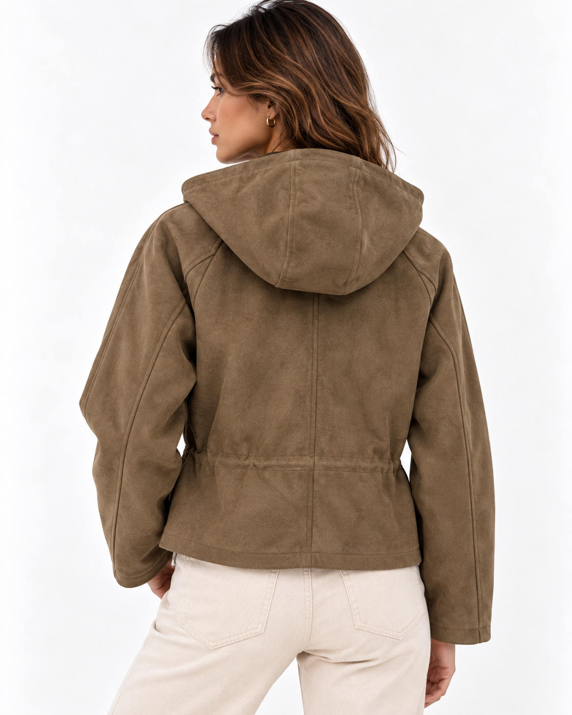 Giubbino Charlotte Tiffosi camel indossato, vista posteriore con cappuccio.