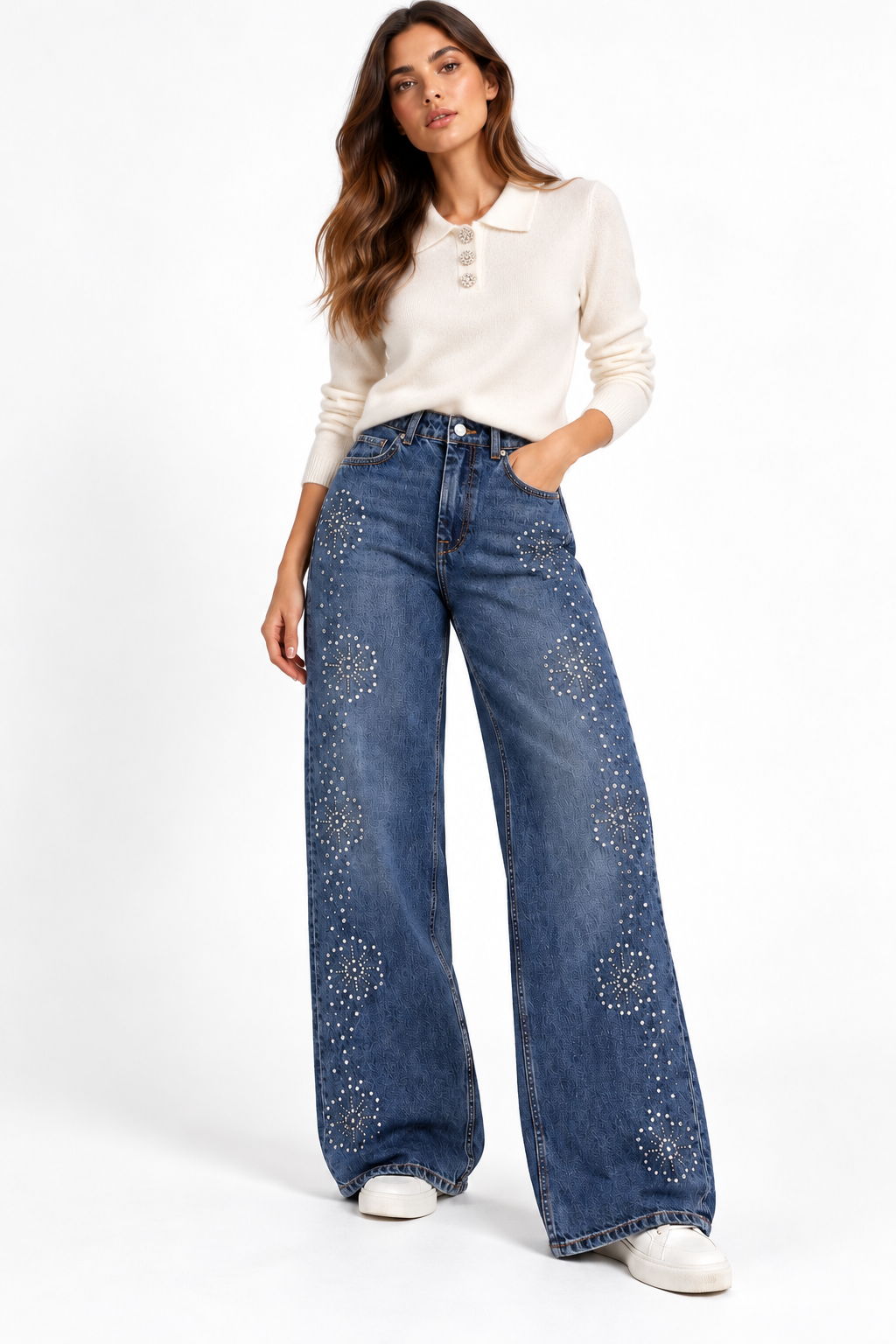 Jeans donna wide leg Bonnye_71 Tiffosi indossati a figura intera, con fiori in borchie sul davanti