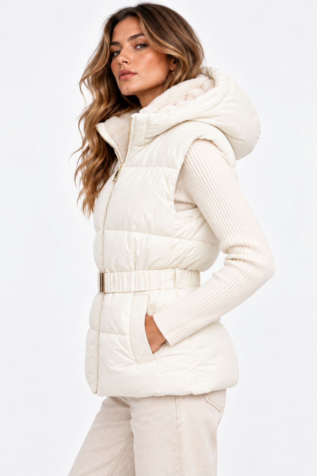 Piumino smanicato donna Titi Tiffosi panna indossato, vista laterale di tre quarti