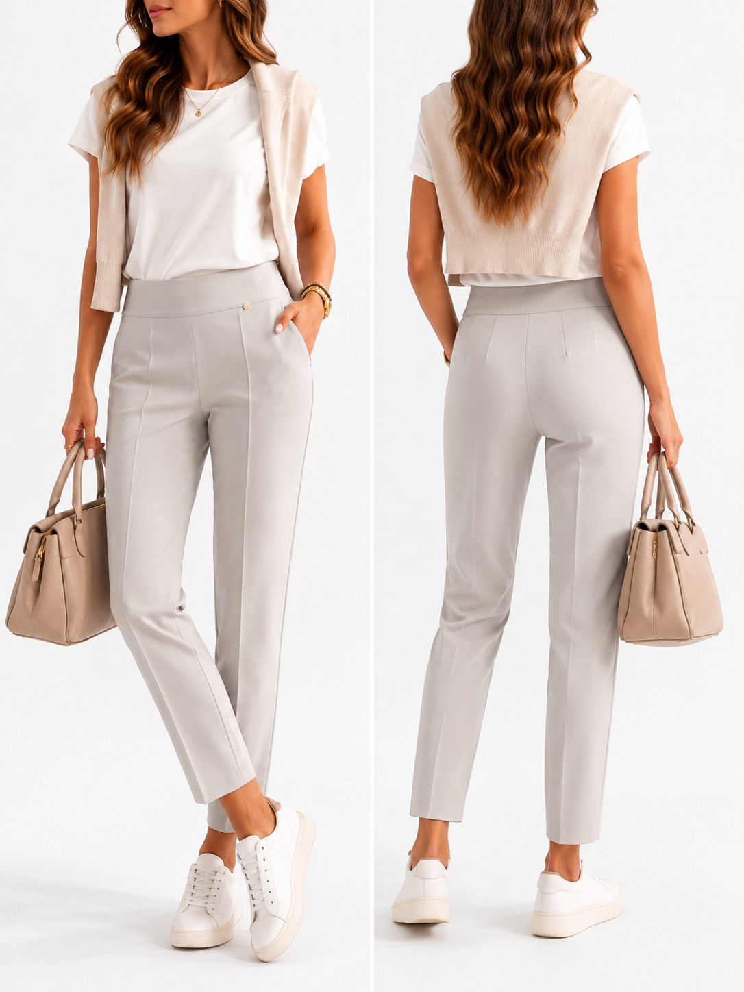 Pantalone bustino vita alta donna colore burro slim fit - indossato in total look da modella, vista sia frontale che posteriore a confronto - Made in Italy – Frarò
