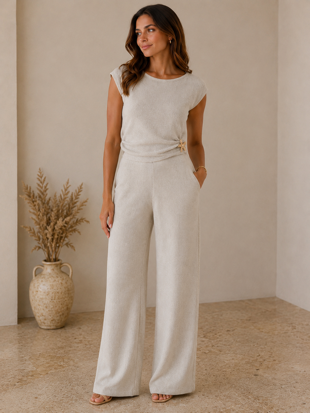 Coord set donna elegante Taky: maglia mezza manica con scollo ampio e pantalone a palazzo vita alta in viscosa e cotone – Frarò
