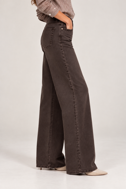 Jeans wide leg donna marrone Tiffosi Celine – vista laterale con tasche e gamba ampia in cotone