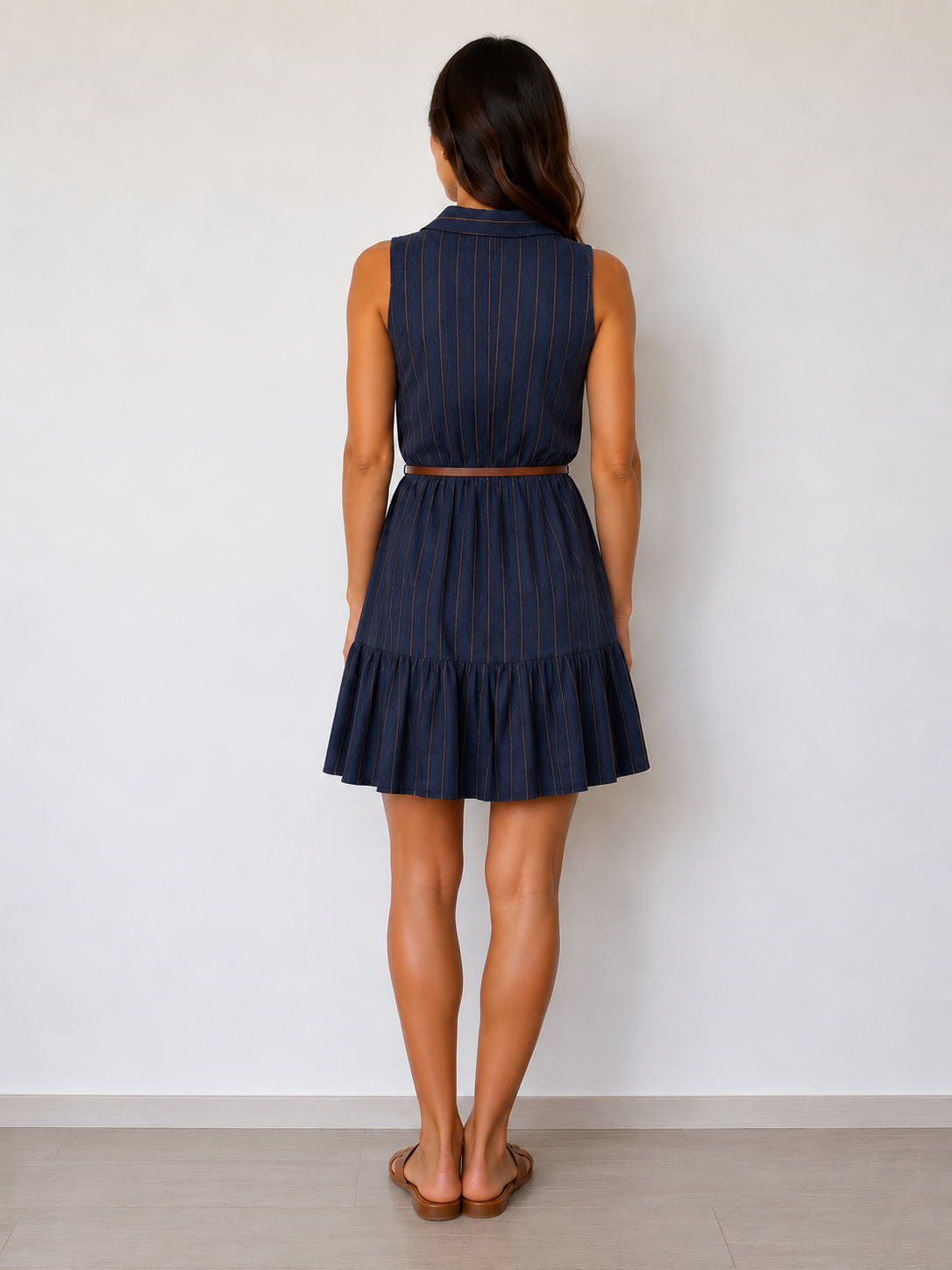 Abito donna in cotone a righe verticali camel su fondo bluette effetto denim - vista posteriore indossato da modella - Frarò