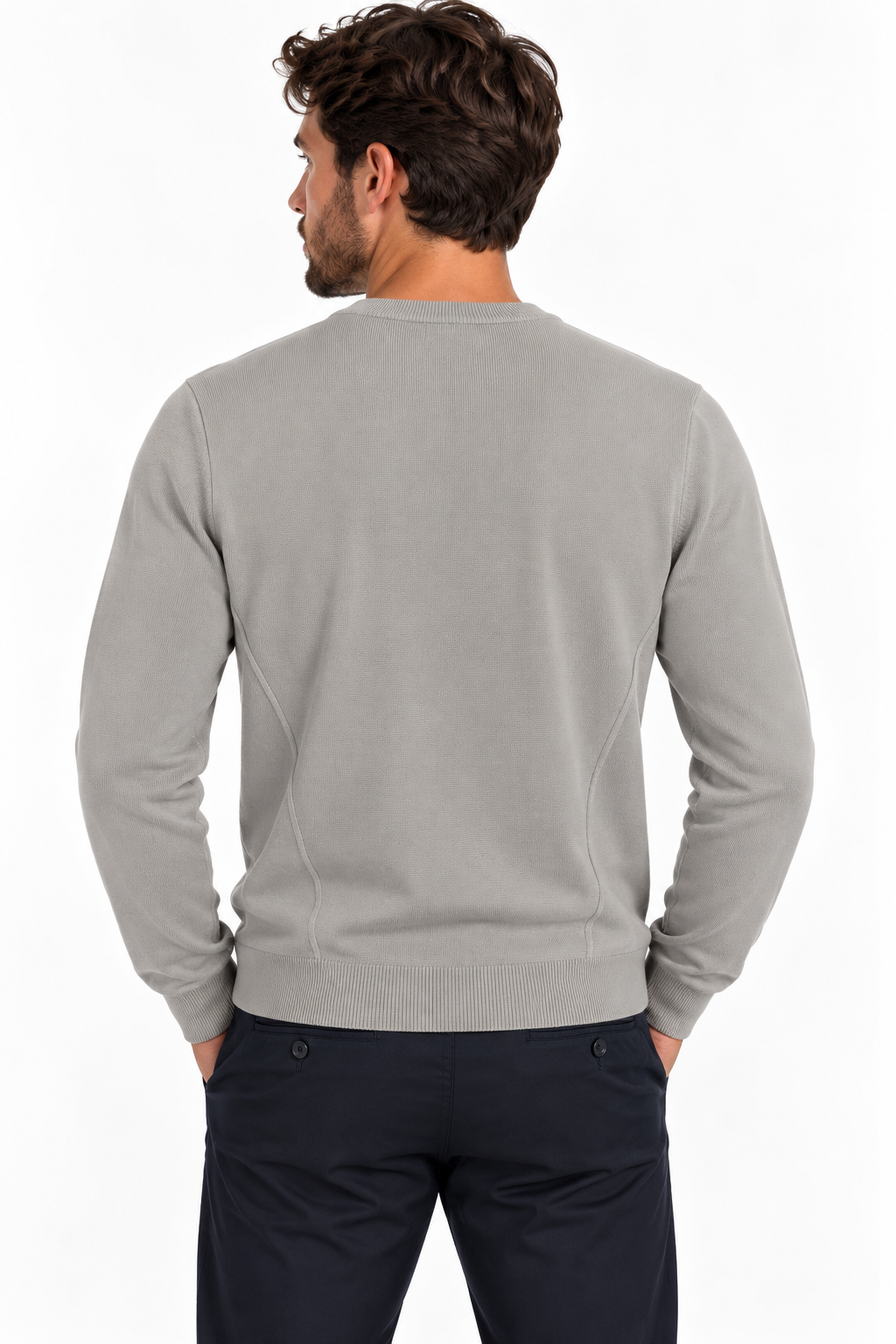 Maglione uomo Enzo Tiffosi grigio visto sul retro, con maniche lunghe, fondo e polsi a coste e cuciture laterali sagomate