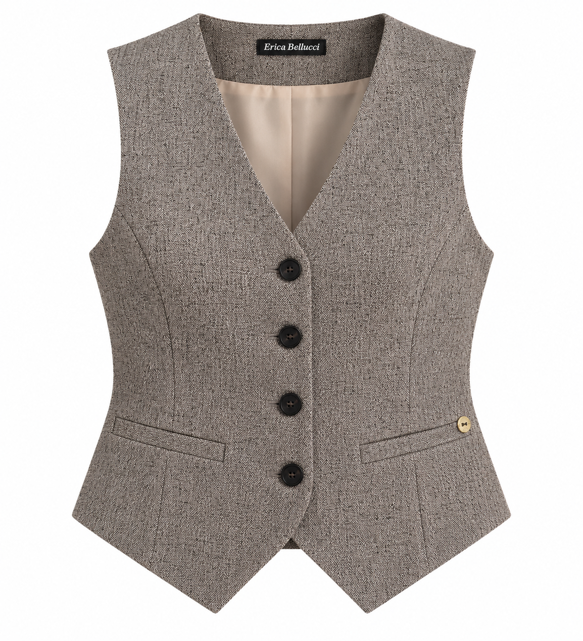 Gilet grigio del tailleur donna Erica Bellucci 548 con scollo a V, quattro bottoni e fondo a punta.