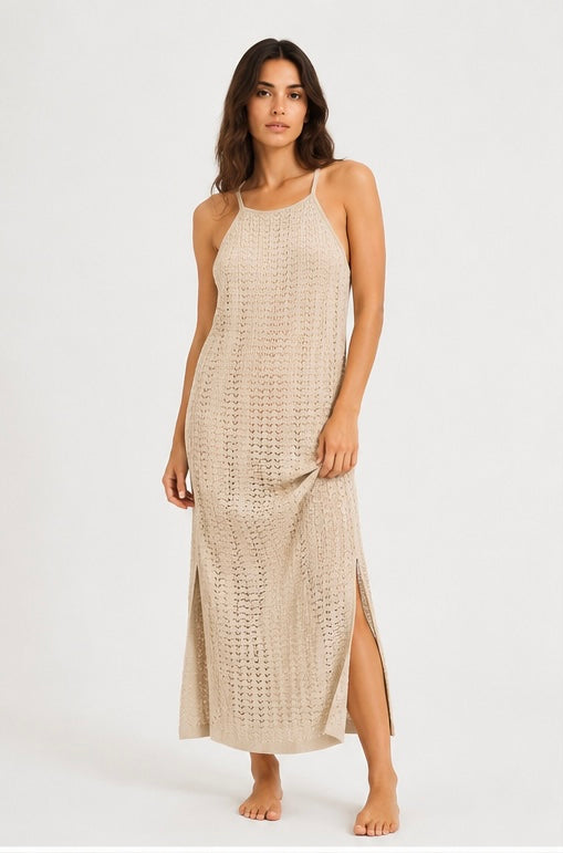 Abito Menippe donna beige chiaro – vista frontale abito midi con scollo rotondo e spalline
