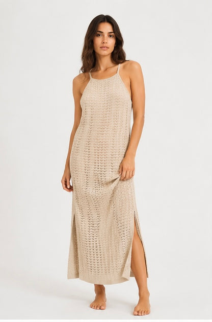 Abito Menippe donna beige chiaro – vista frontale abito midi con scollo rotondo e spalline
