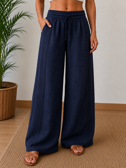Pantalone palazzo in lino dark blue - gamba larga alta vita - vista frontale indossato da modella - Made in Italy - Frarò
