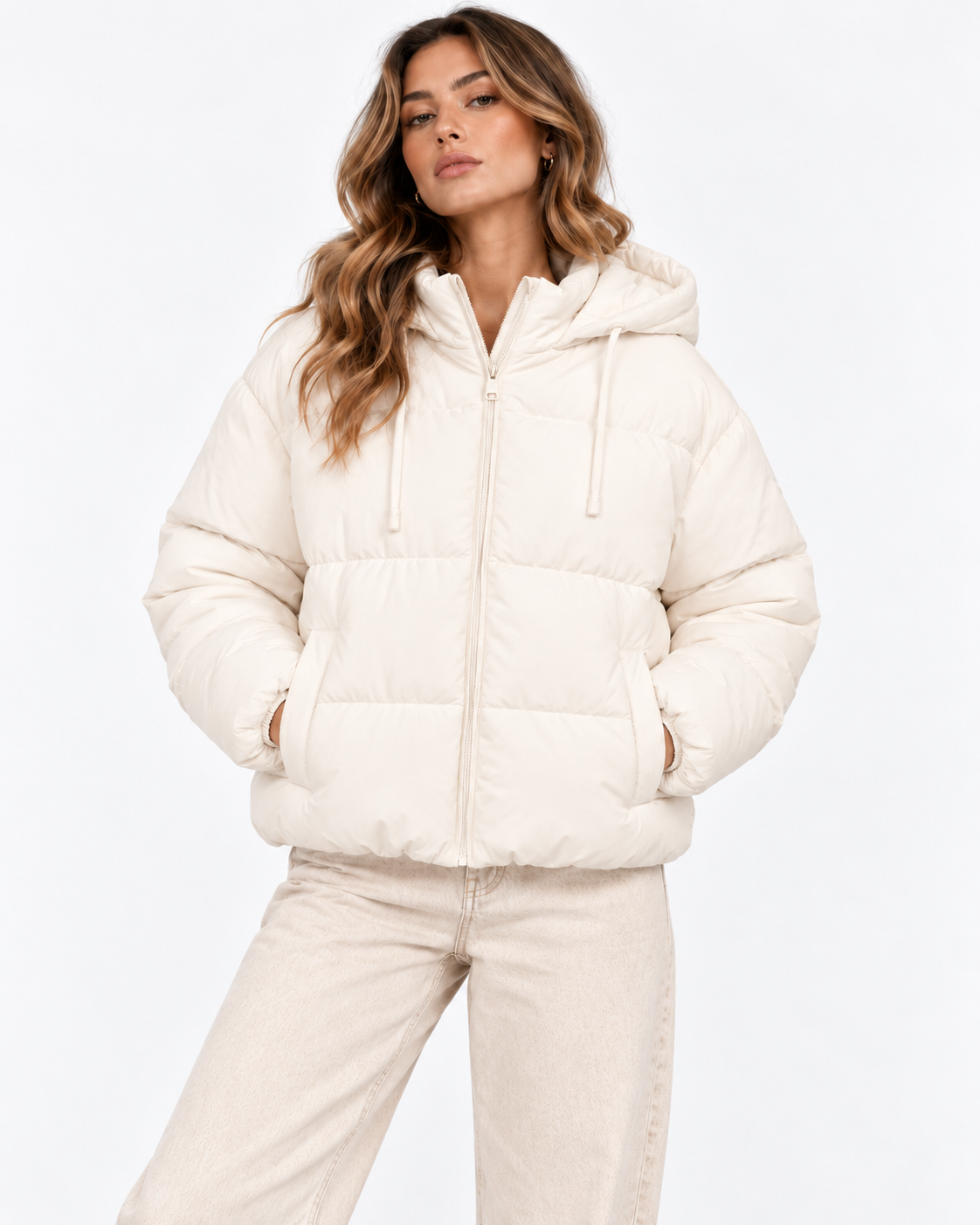 Giubbotto donna piumino donna Stutz Tiffosi panna indossato, vista frontale con cappuccio fisso