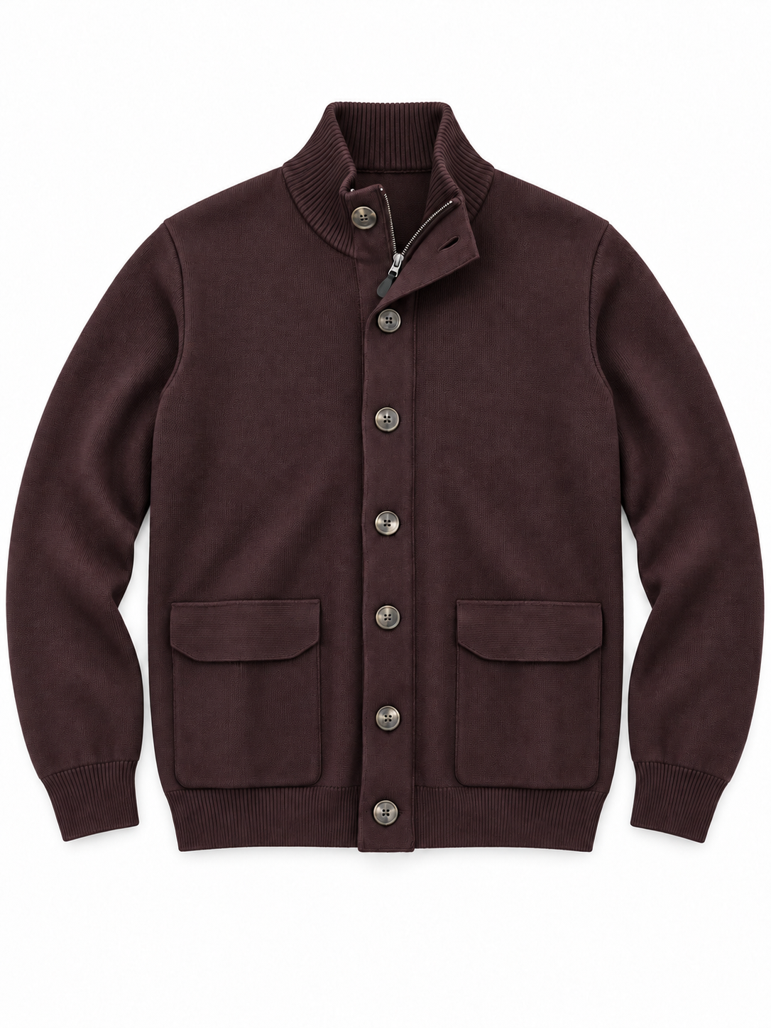 Cardigan uomo Moro 500 cioccolato, vista frontale con zip, bottoni, tasche con pattina e bordi a costine.
