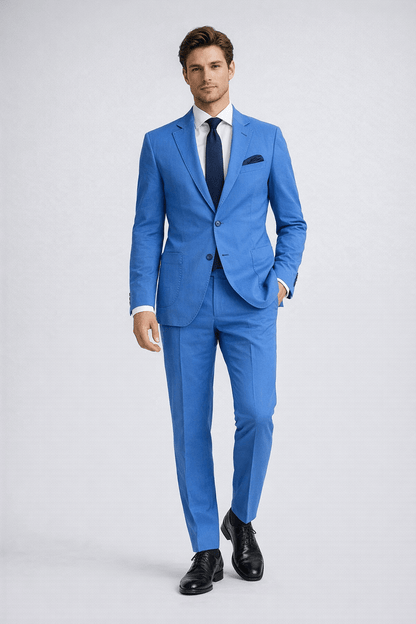 "Abito uomo sartoriale in lino e TENCEL™ azzurro — giacca monopetto e pantalone Made in Italy, vista frontale"