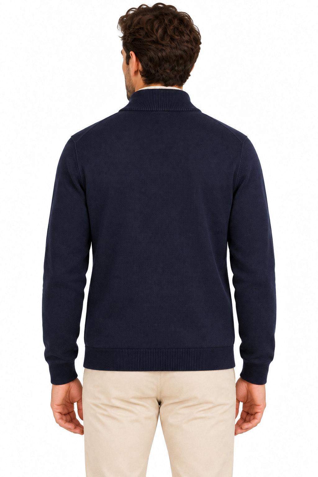 Cardigan uomo Moro 500 blu scuro indossato da dietro, con collo, polsini e fondo a costine.
