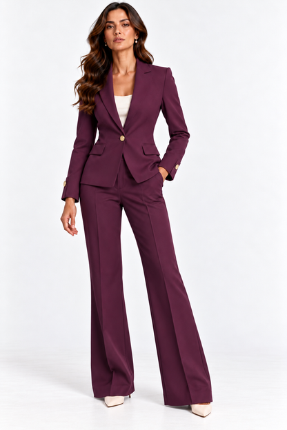 Tailleur donna Aletta wine indossato, vista frontale con giacca a un bottone e pantalone lungo a zampa.