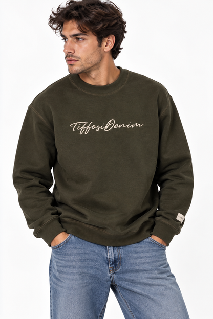 Felpa uomo Ford Tiffosi verde militare con girocollo e stampa logo bianca, vista frontale
