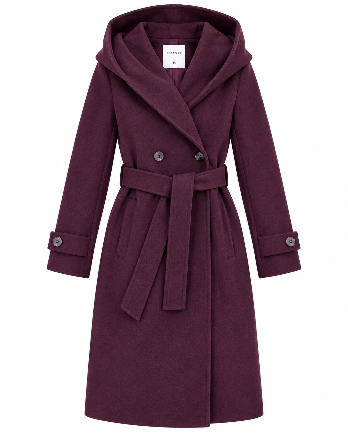 Cappotto donna Collusion Tiffosi Wine vinaccia su fondo bianco, vista frontale con doppio petto, cintura e tasche.