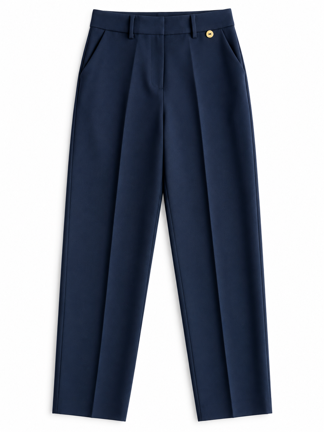 Pantalone donna sartoriale 026 blu scuro non indossato, vista frontale con vita alta, pieghe e tasche laterali.