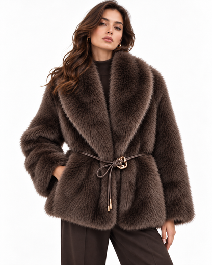 Eco pelliccia donna Moscovo Tiffosi marrone indossata, vista frontale con rever ampio e cintura in vita.