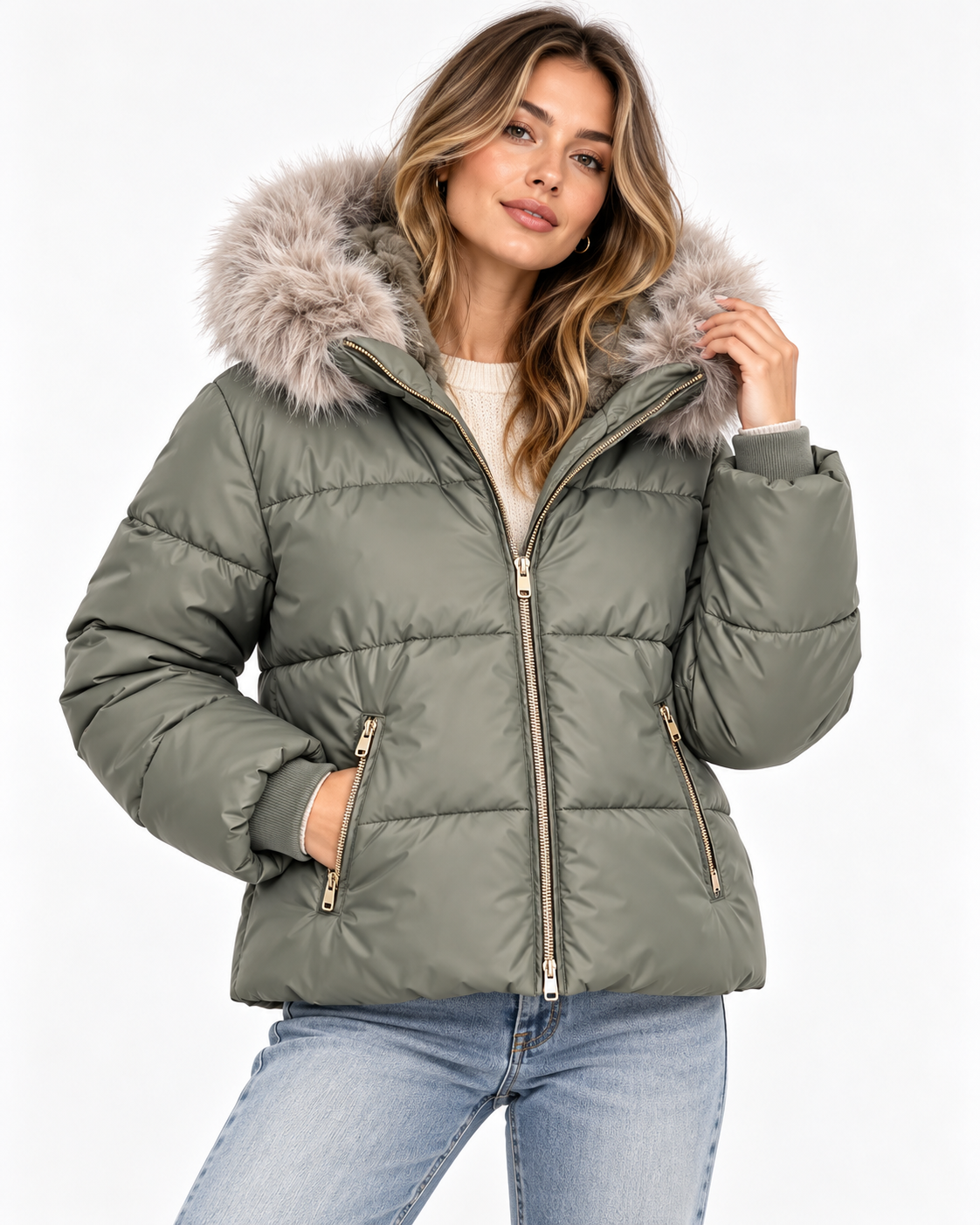 Giubbotto donna Cora  verde salvia indossato, vista frontale con cappuccio e tasche con zip.