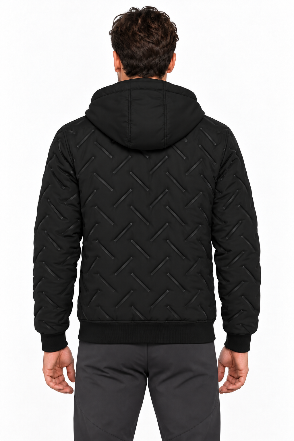 Giubbotto uomo Castor Tiffosi nero con motivo geometrico e cappuccio, vista posteriore indossato.