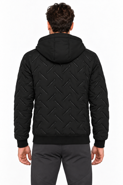 Giubbotto uomo Castor Tiffosi nero con motivo geometrico e cappuccio, vista posteriore indossato.