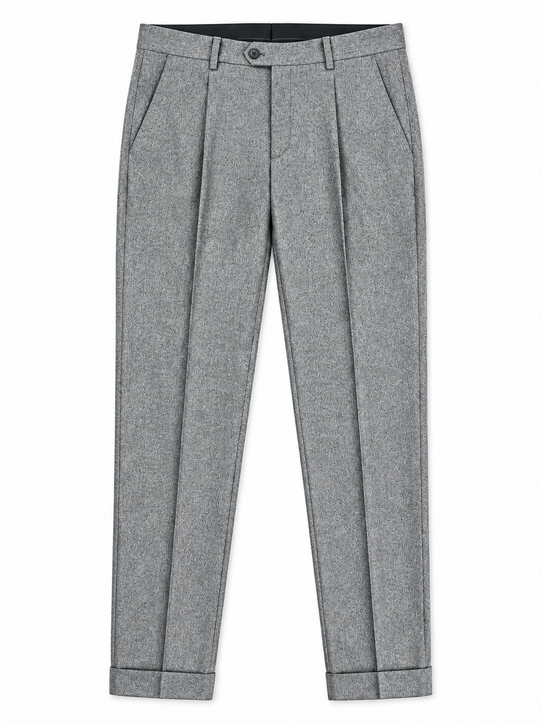 Pantalone uomo sartoriale 748 Moro grigio, vista frontale del capo steso con pinces e risvolto