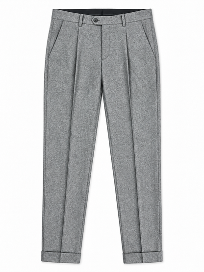 Pantalone uomo sartoriale 748 Moro grigio, vista frontale del capo steso con pinces e risvolto