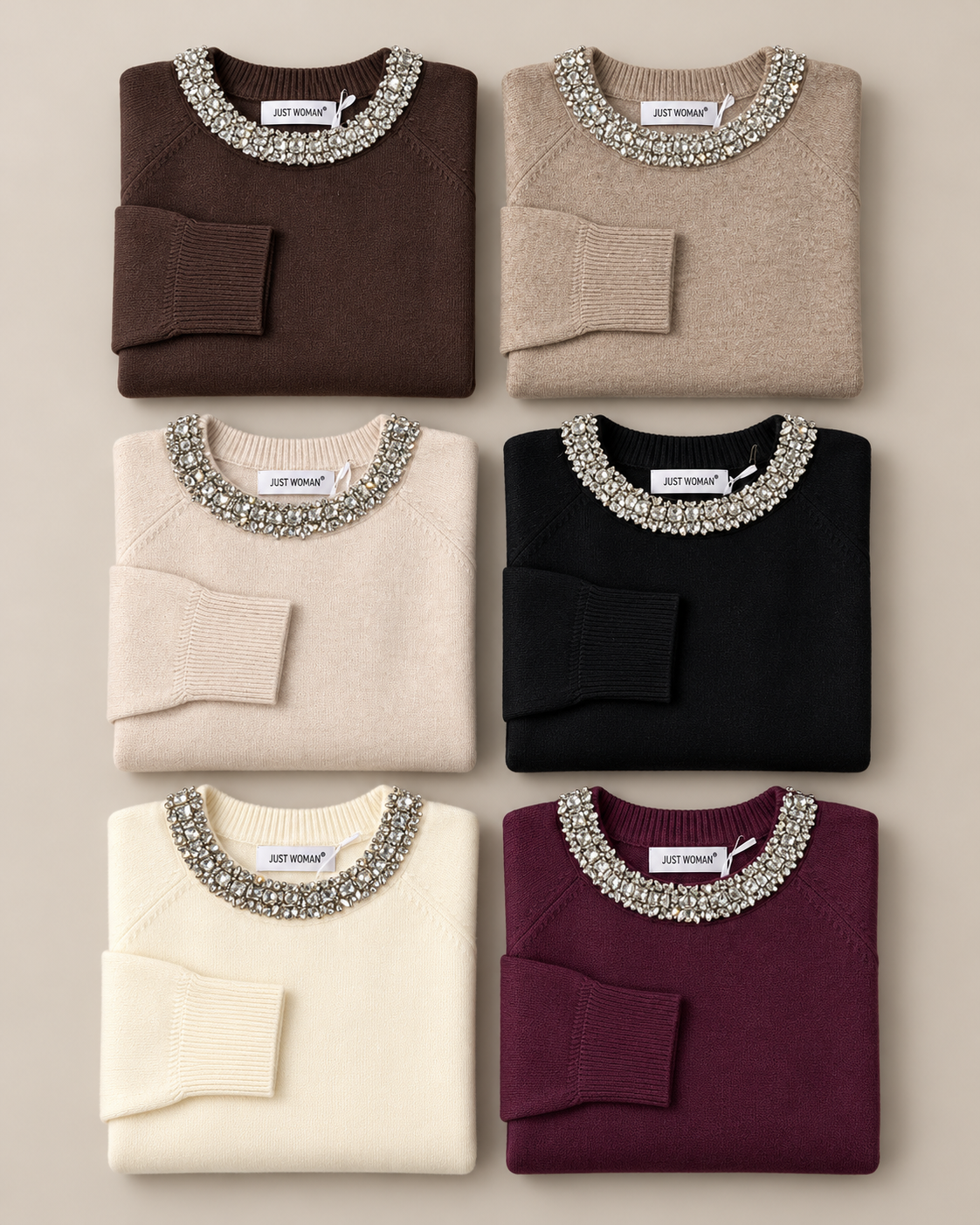 Maglione donna con collo gioiello ripiegati nei sei colori disponibili.