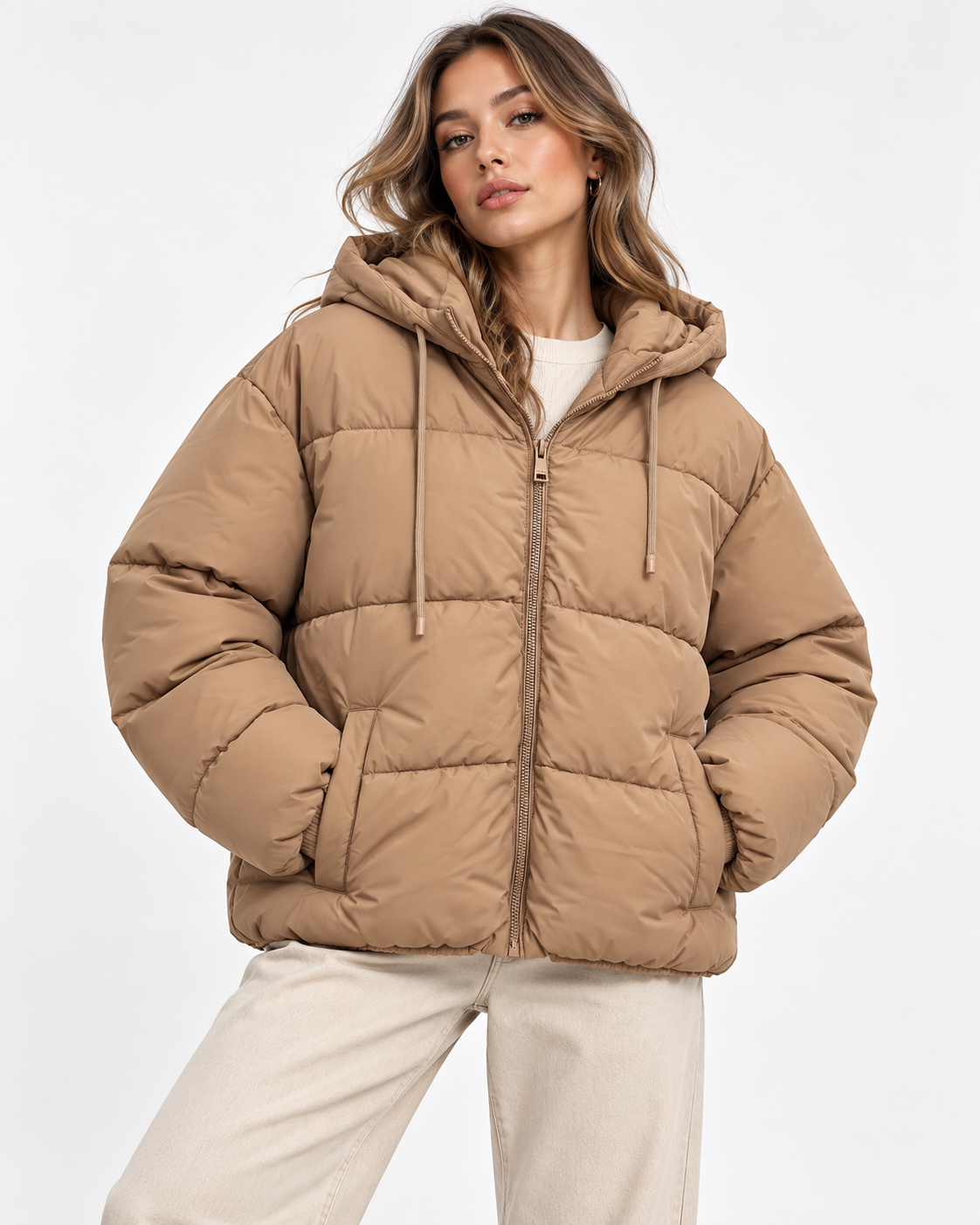 Giubbotto donna piumino donna Stutz Tiffosi camel indossato, vista frontale con cappuccio e zip