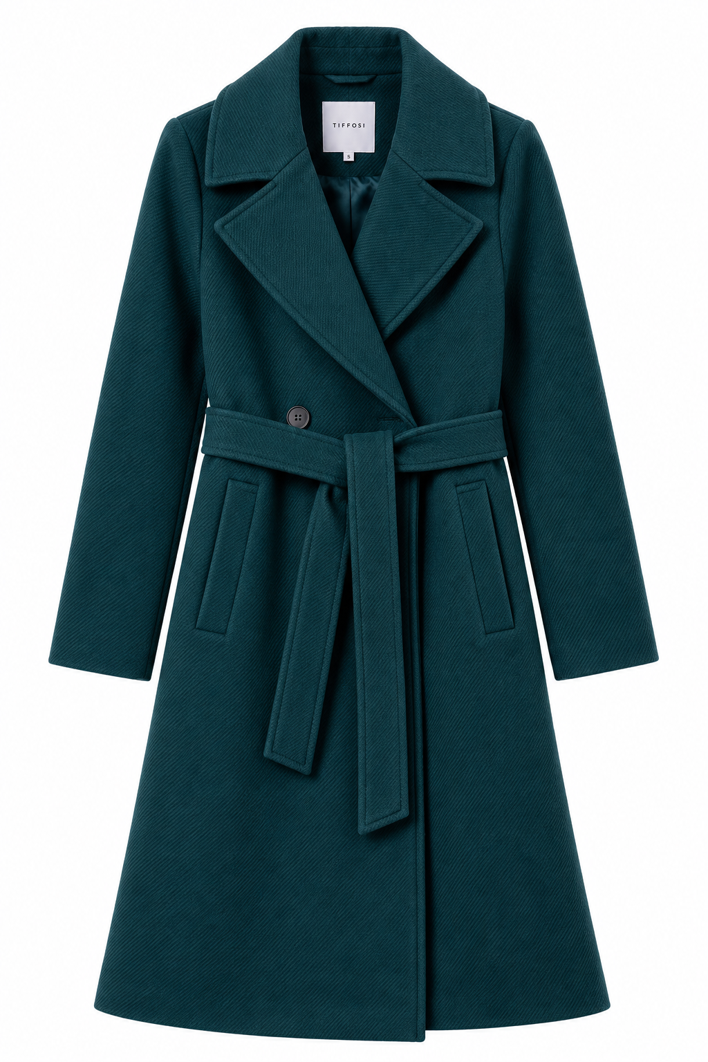 Cappotto Curtis Tiffosi verde bottiglia su fondo bianco, vista frontale con ampi revers e cintura.