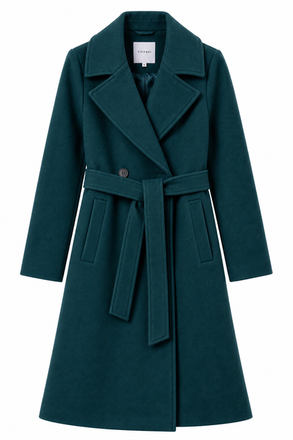 Cappotto Curtis Tiffosi verde bottiglia su fondo bianco, vista frontale con ampi revers e cintura.