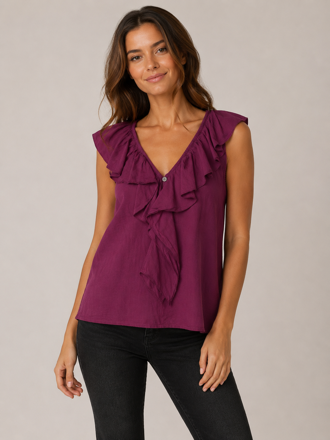 Blusa donna cotone leggero voilà colore magenta - indossata da modella - vista frontale - taglia unica fino alla 46 - Frarò
