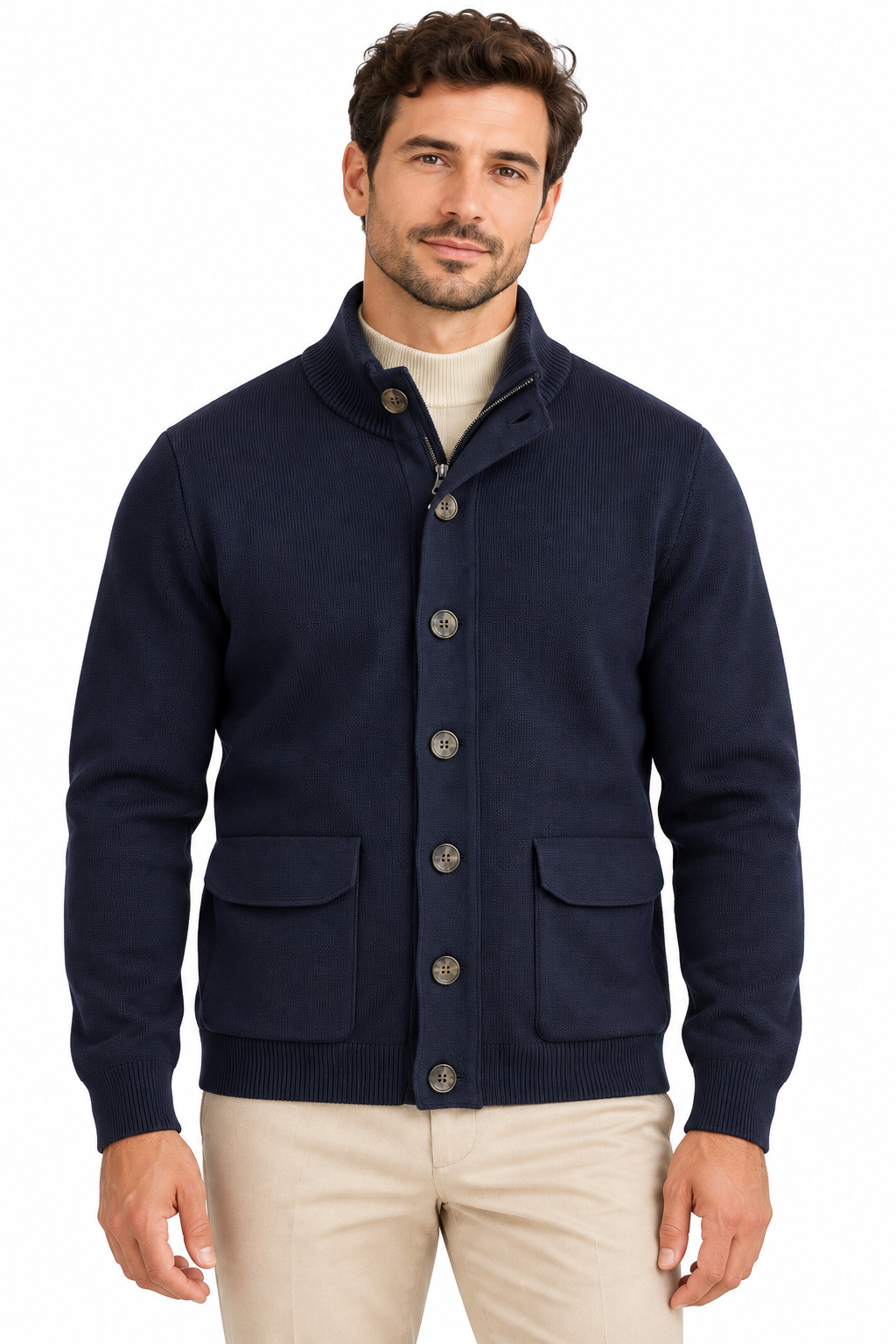 Cardigan uomo Moro 500 blu scuro indossato frontalmente, con chiusura zip e bottoni e tasche con pattina.
