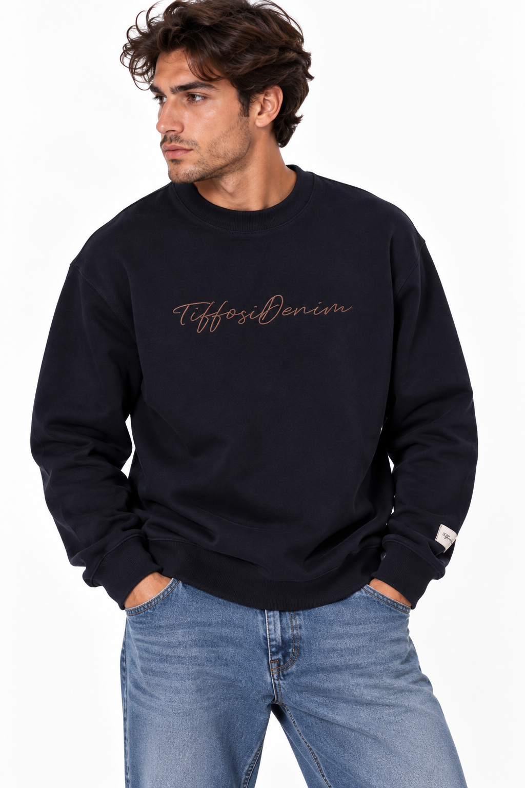 Felpa uomo Ford Tiffosi dark blu con girocollo e stampa logo dorata, vista frontale