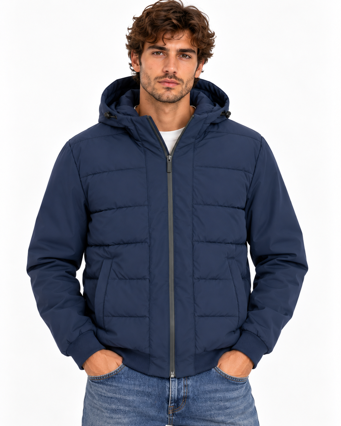 Piumino uomo Clark Tiffosi blu navy indossato, vista frontale con chiusura a zip.