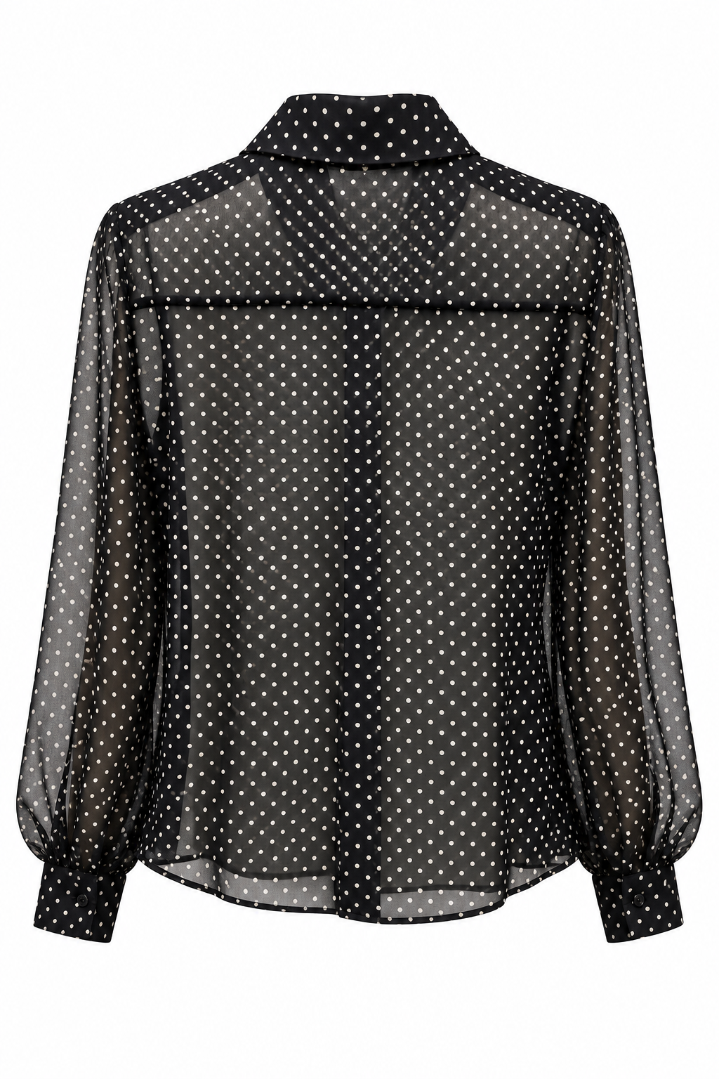 Camicia donna Erica Bellucci nera a pois color fango vista sul retro su fondo bianco, con collo francese e maniche lunghe con polsini abbottonati.