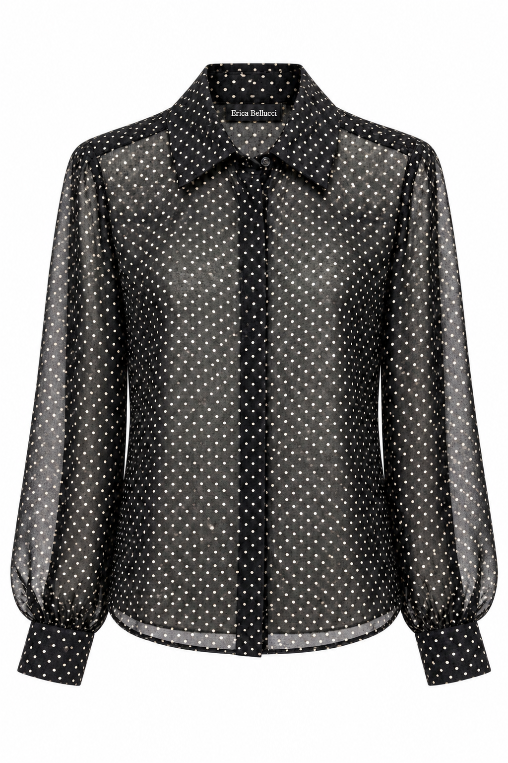 Camicia donna Erica Bellucci nera a pois color fango vista frontalmente su fondo bianco, con collo francese, chiusura con bottoni e maniche lunghe.