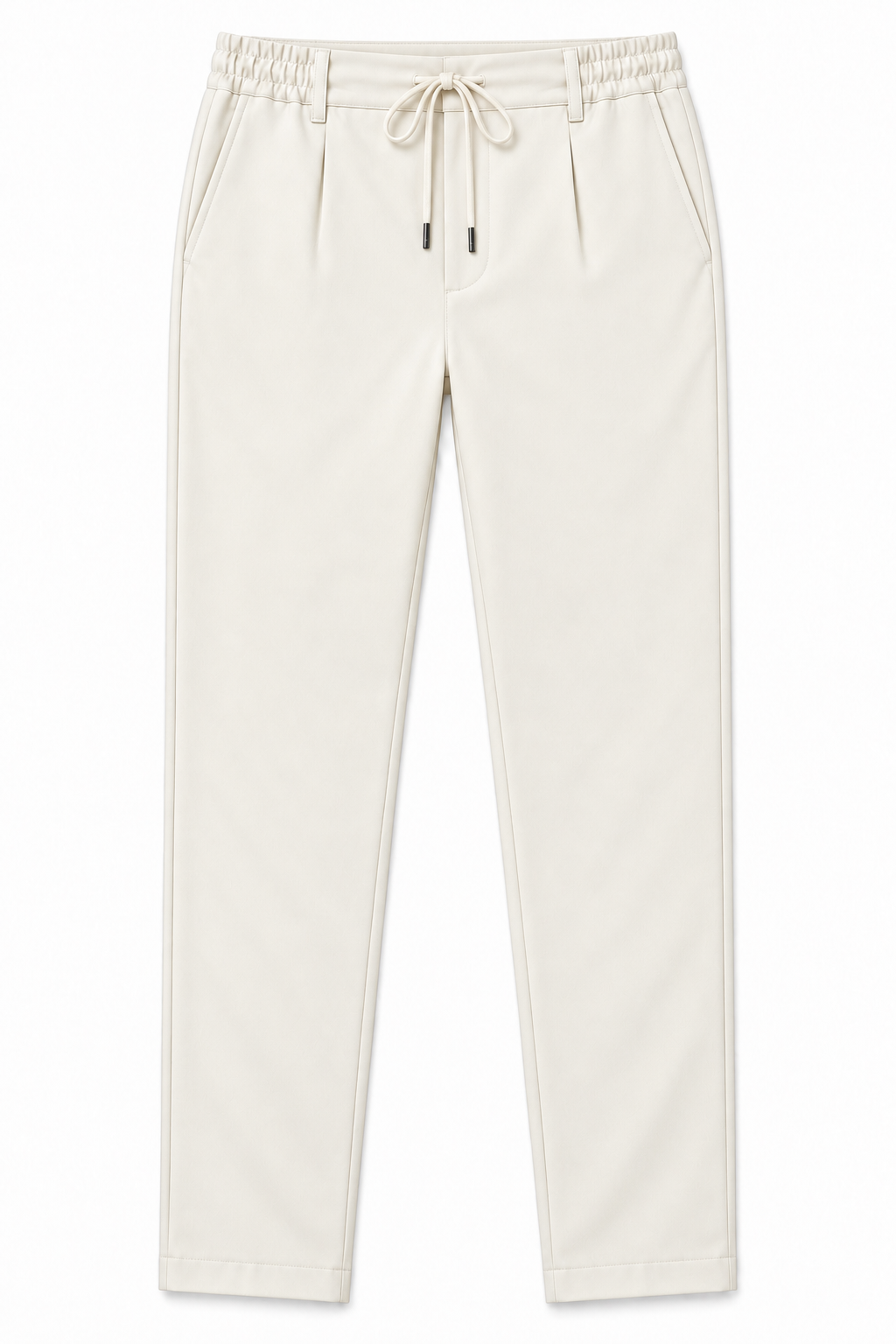Pantalone uomo punto Milano panna, vista frontale del capo con elastico in vita, laccetto e pinces.
