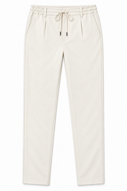 Pantalone uomo punto Milano panna, vista frontale del capo con elastico in vita, laccetto e pinces.