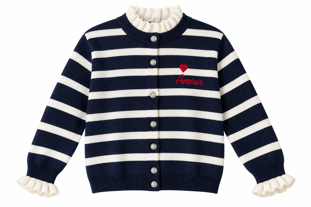 Cardigan donna 730 blu scuro, vista frontale del capo con righe chiare, bottoni e ricamo Amour.