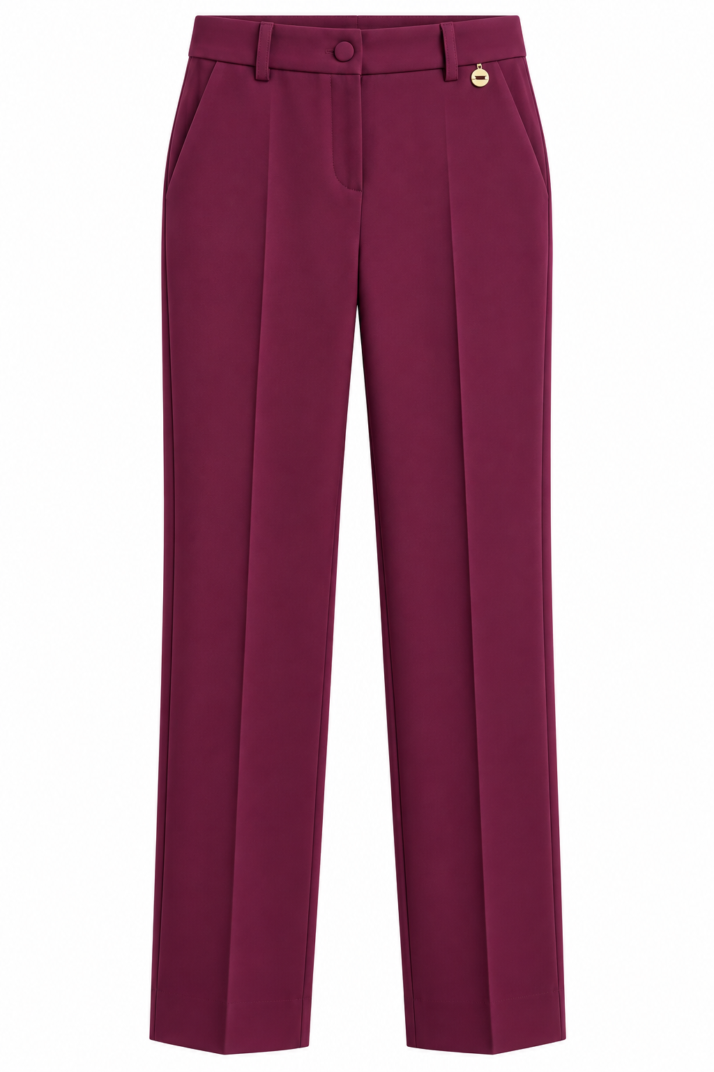 Pantalone bordeaux del tailleur donna 549 Erica Bellucci, vista frontale con passanti, bottone e piega lungo la gamba.