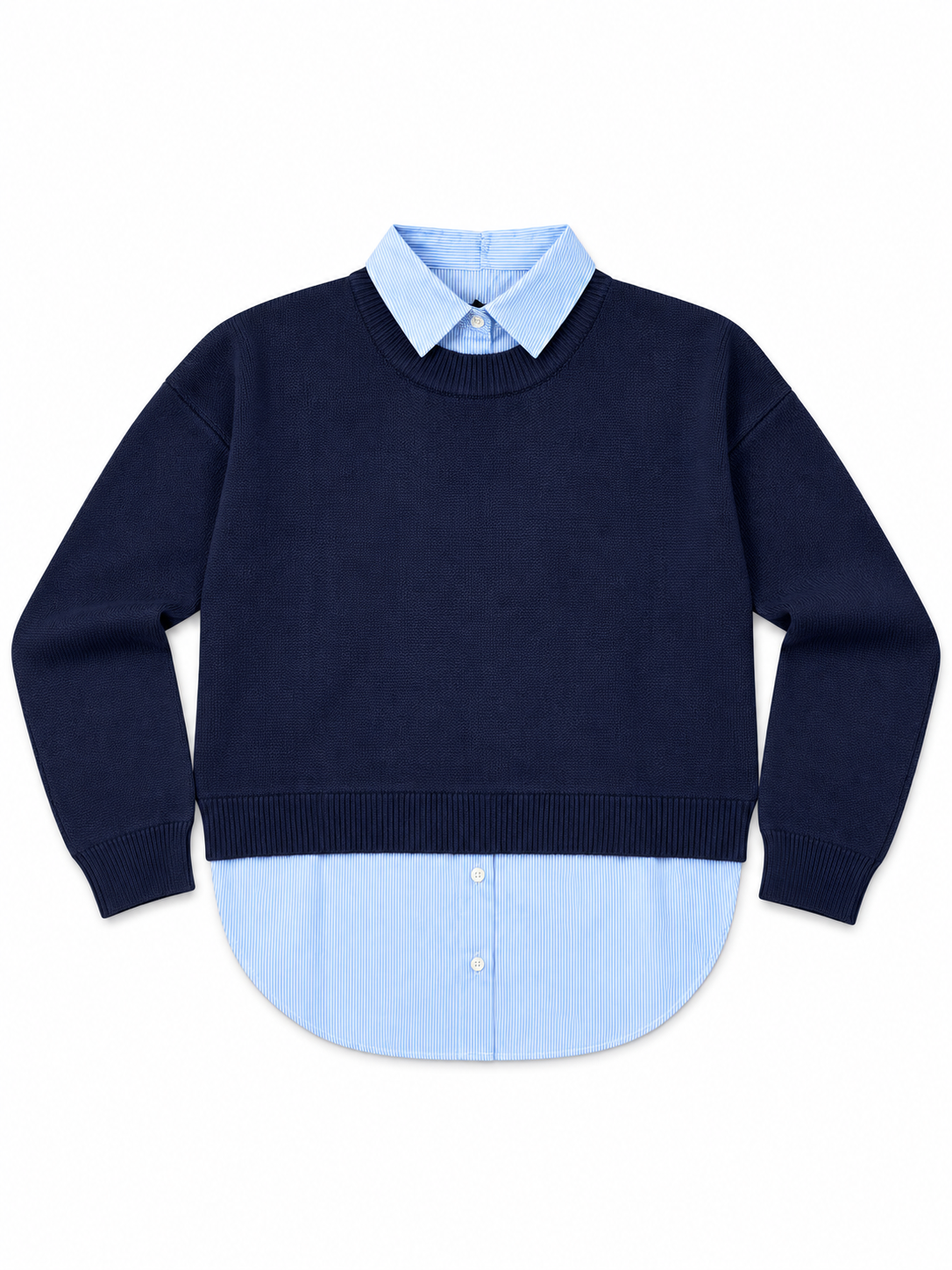 Maglione donna Mixed Tiffosi blu steso, vista frontale con inserti camicia al collo e sul fondo.