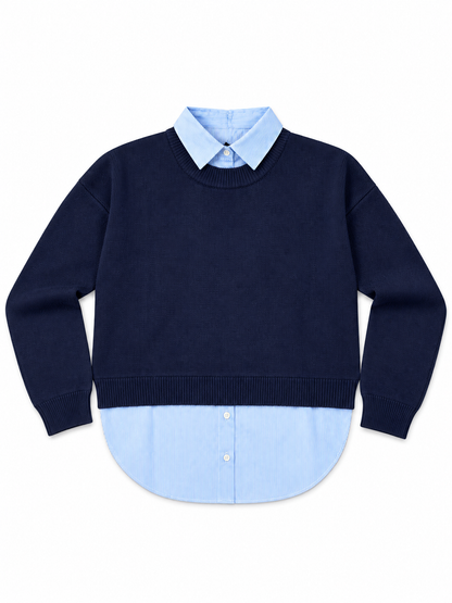 Maglione donna Mixed Tiffosi blu steso, vista frontale con inserti camicia al collo e sul fondo.