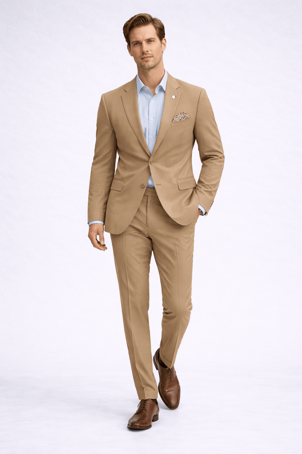 Abito uomo sartoriale punto milano safari — giacca monopetto e pantalone elegante indossato con camicia azzurra, Made in Italy

