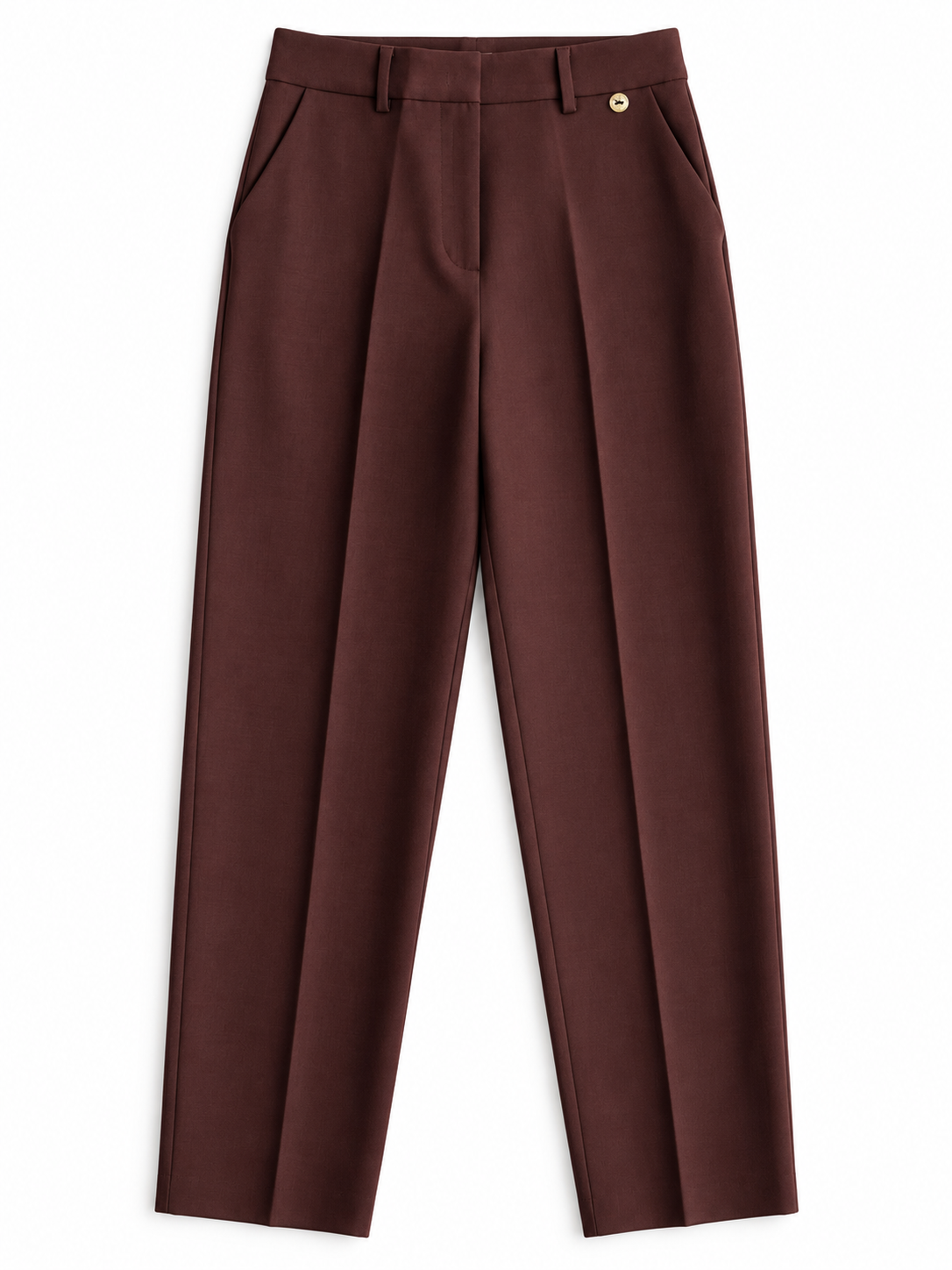 Pantalone donna sartoriale 026 color cioccolato non indossato, vista frontale con pieghe e tasche laterali.