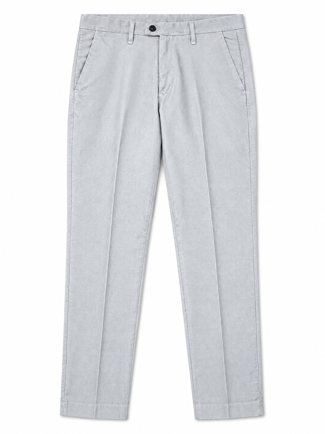Pantalone uomo in fustagna  grigio chiaro, vista frontale del capo con tasche oblique e piega lungo la gamba.